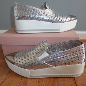 Miu Miu silver platform loafers metal toe cap 38